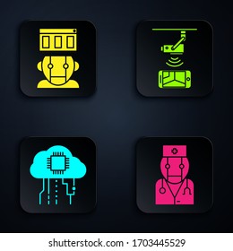 Set Robot doctor, Robot, Internet of things and Wireless Controlling CCTV security camera. Black square button. Vector