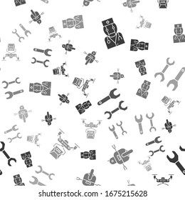 Set Robot doctor, Robot, Spanner and Drone delivery concept on seamless pattern. Vector