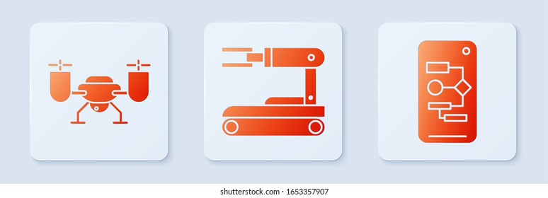 Set Robot, Drone flying with action camera and Algorithm. White square button. Vector