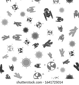 Set Robot, Earth globe, Vulcan salute and Sun on seamless pattern. Vector