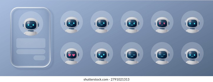 Set of Robot emoji 3d and glass button chatbot with ai ui icon. Effect character morphism and robot box bot with card circle emoji. Frame robot intelligence and element glass artificial with white