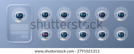 Set of Robot emoji 3d and glass button chatbot with ai ui icon. Effect character morphism and robot box bot with card circle emoji. Frame robot intelligence and element glass artificial with white