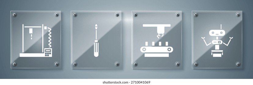 Set Robot, correa del sistema transportador de fábrica, destornillador e impresora 3D. Paneles de vidrio cuadrados. Vector