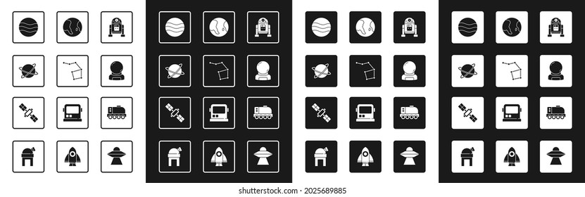 Set Robot, Great Bear constellation, Satellites orbiting the planet, Planet, Astronaut helmet, Earth globe, Mars rover and  icon. Vector