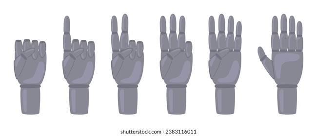 Set robot hands gestures counting number zero, one, two, three, four, five. Vector illustration in doodle style 