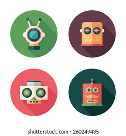 Set of robot heads flat round icons with long shadows.