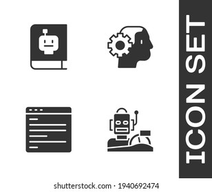 Set Robot humanoid driving a car, User manual, Computer api interface and Humanoid robot icon. Vector