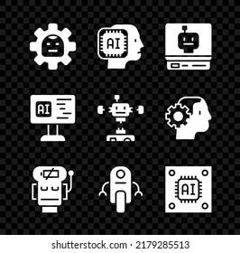 Set Robot, Humanoid robot, low battery charge, Processor with microcircuits CPU, Software and Disassembled icon. Vector