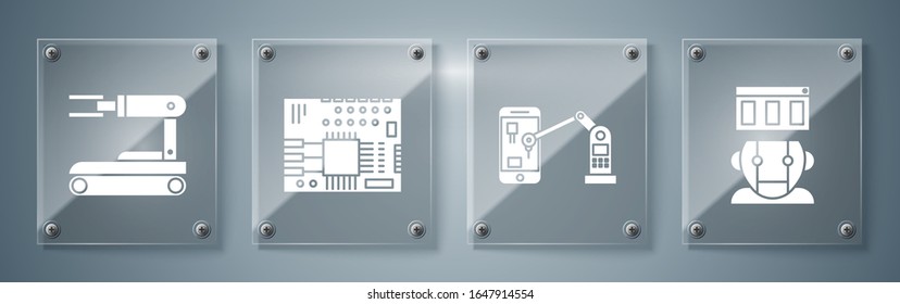 Set Robot, Industrial machine robotic robot arm hand, Printed circuit board PCB and Robot. Square glass panels. Vector