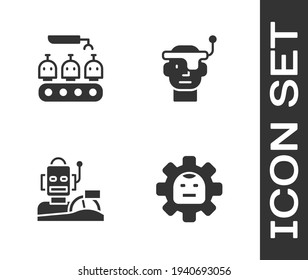 Set Robot, Producción industrial de robots, auto de conducción humanoide e icono de gafas inteligentes. Vector
