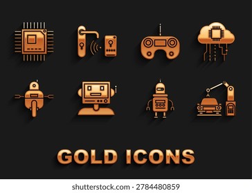 Set Robot, Internet of things, Industrial machine robotic robot arm hand, Remote control, Processor with microcircuits CPU and Digital door lock wireless technology for unlock icon. Vector