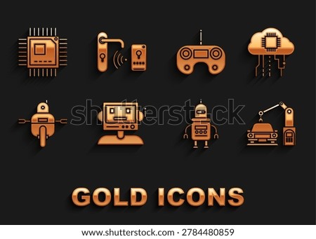 Set Robot, Internet of things, Industrial machine robotic robot arm hand, Remote control, Processor with microcircuits CPU and Digital door lock wireless technology for unlock icon. Vector
