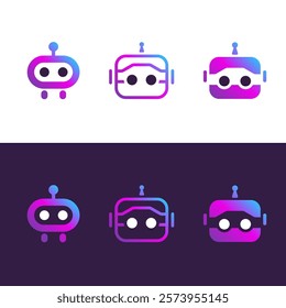 A set of robot logos, each conveying a distinct personality with consistent visual theme. simple lines and friendly forms evoke intelligence, innovation, and approachability, for a tech-focused brand