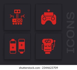 Set Robot low battery charge, , Remote control and Battery icon. Vector