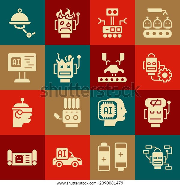 Set Robot, low\
battery charge, setting, Broken robot, Software, Waiter and Robotic\
arm on factory icon.\
Vector