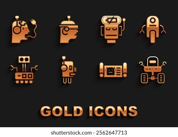 Set Robot, Mars rover, blueprint, low battery charge, charging and Smart glasses icon. Vector