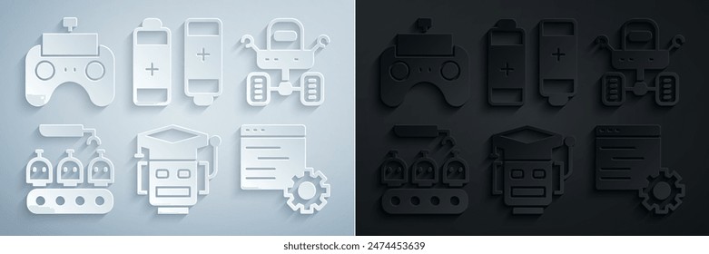 Set Robot, Mars rover, Industrial production of robots, Computer api interface, Battery and Remote control icon. Vector