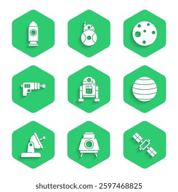 Set Robot, Mars rover, Satellite, Planet Venus, dish, Ray gun,  and Rocket ship icon. Vector