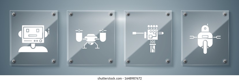 Set Robot, Mechanical robot hand and screwdriver, Drone flying with action camera and Robot. Square glass panels. Vector