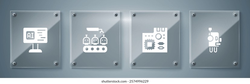 Set Robot, Motherboard digital chip, Industrial production of robots and Software. Square glass panels. Vector