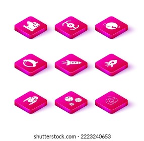 Set Robot, Planet, Astronaut helmet, Rocket ship with fire, Black hole,  and Cosmic icon. Vector