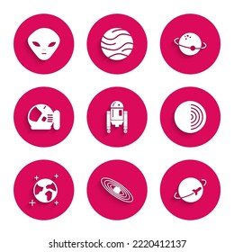 Set Robot, Planet, Earth structure, globe, Astronaut helmet,  and Alien icon. Vector
