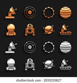 Set Robot, Planet Venus, Mars rover, Satellites orbiting the planet, Astronaut helmet, Sun, dish and Solar system icon. Vector