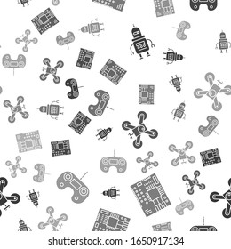 Set Robot, Printed circuit board PCB, Drone flying with action camera and Remote control on seamless pattern. Vector