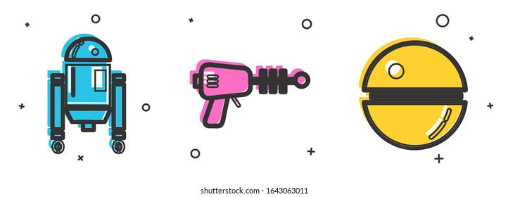 Set Robot, Ray gun and Death star icon. Vector