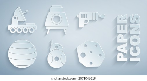 Set Robot, Ray gun, Planet Venus, Asteroid, Mars rover and  icon. Vector