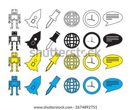 Set of Robot, Rocket, Pin, Globe, Clock, and Speech Bubble Icons Flat, Solid, and Outline Styles