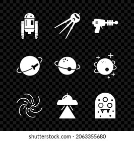 Set Robot, Satellite, Ray gun, Black hole, UFO flying spaceship, Alien, Planet and  icon. Vector