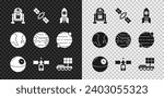 Set Robot, Satellite, Rocket ship, Death star, Mars rover, Earth globe and Planet icon. Vector