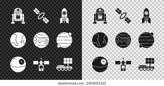 Set Robot, Satellite, Rocket ship, Death star, Mars rover, Earth globe and Planet icon. Vector