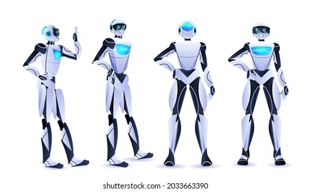 set robot standing in different poses modern robotic characters artificial intelligence technology concept