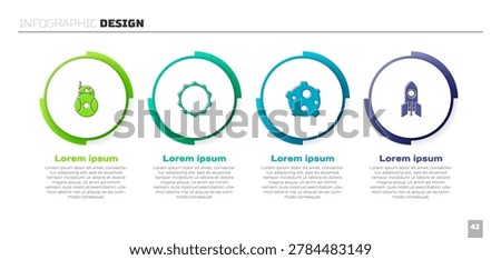Set Robot, Sun, Asteroid and Rocket ship. Business infographic template. Vector