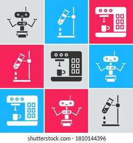 Ponga Robot, el matraz del tubo de ensayo en el fuego y el icono de la máquina de café. Vector