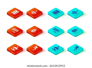 Set Robot toy, Kite, Xylophone, Rocket ship, Whirligig and Toy railway icon. Vector