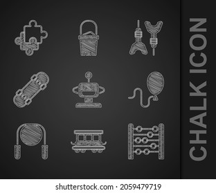Set Robot toy, Passenger train cars, Abacus, Balloons, Jump rope, Skateboard, Dart arrow and Puzzle pieces icon. Vector