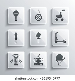 Set Robot toy, Racket and ball, Scooter, Toy horse, Sword, Rattle baby and Baby stroller icon. Vector