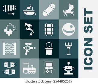 Conjunto de juguete de robot, rastrillo, bola de playa, monopatín, cometa, piezas de rompecabezas, xilófono e icono de ferrocarril de juguete. Vector