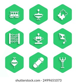 Set Robot toy, Skateboard, Rake, Kite, Whirligig, Abacus, Puzzle pieces and Passenger train cars icon. Vector