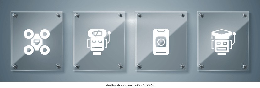 Set Robot, Turn off robot from phone, low battery charge and Drone. Square glass panels. Vector