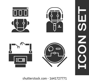 Set Robot vacuum cleaner, Robot, Assembly line and Worker robot icon. Vector