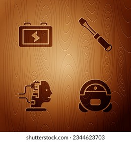 Ponga la aspiradora Robot, Batería, para mantenimiento y el destornillador sobre fondo de madera. Vector
