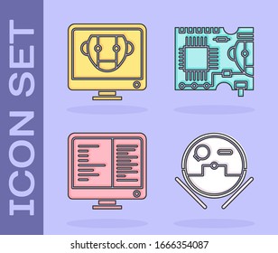 Coloque el icono de aspirador Robot, Bot, la pantalla del monitor de ordenador y el icono de PCB de la tarjeta de circuito impreso. Vector