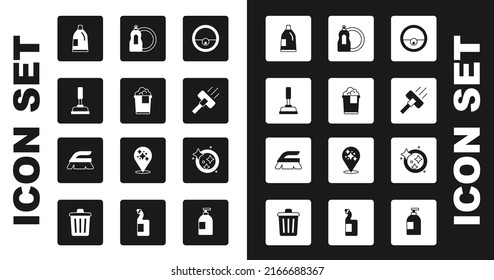 Set Robot vacuum cleaner, Bucket with foam, Rubber plunger, Bottle for cleaning agent, Vacuum, Dishwashing liquid bottle, Washing dishes and Brush icon. Vector