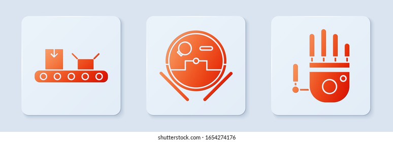 Set Robot vacuum cleaner, Conveyor belt with cardboard box and Mechanical robot hand. White square button. Vector