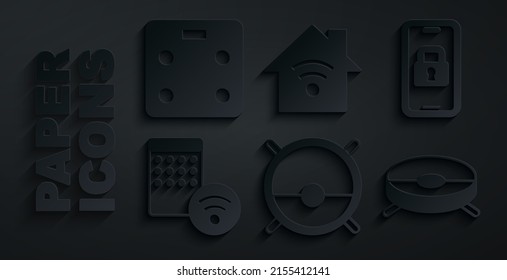 Set Robot vacuum cleaner, Digital door lock, Air humidifier, Smart home with wi-fi and bathroom scales icon. Vector