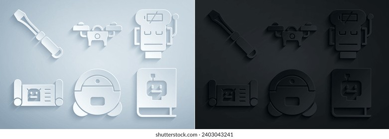 Set Robot vacuum cleaner, low battery charge, blueprint, User manual, Drone and Screwdriver icon. Vector